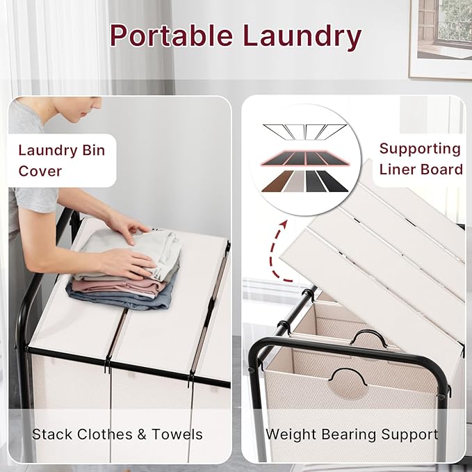 4-Compartment Laundry Cart with Lockable Wheels & Lid 180L Large Wheeled Laundry Basket Heavy-Duty Sorting Organizer for Laundry Room (White)
