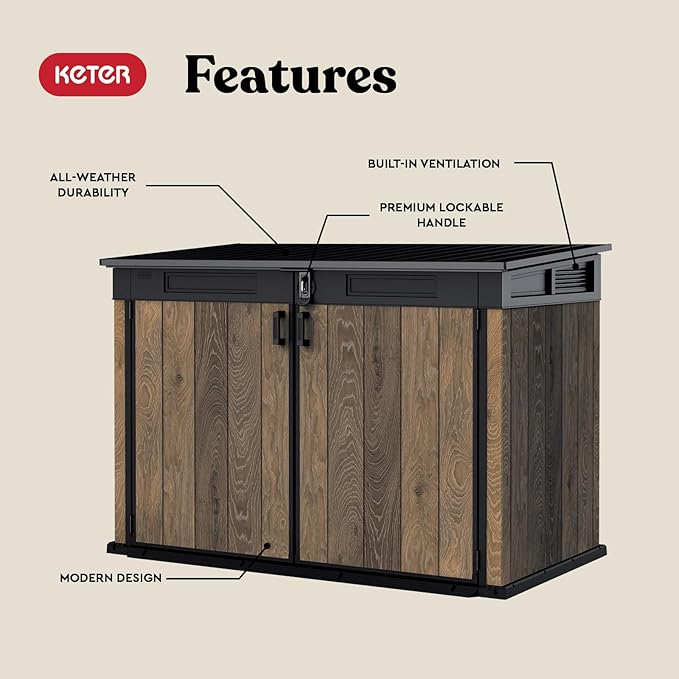 Keter Signature Collection All Weather Outdoor Storage Shed – Durable Resin Garden Shed with Built‑in Ventilation, & Lockable Double Doors – Walnut Finish