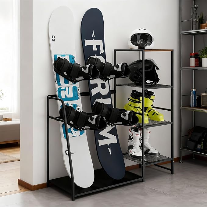Freestanding Snowboard Rack - Stores 4 Pair Ski, 3 Pack Snowboard, Boot, Pole, Goggles, Helmet Rack for Garage, Shed, Basement