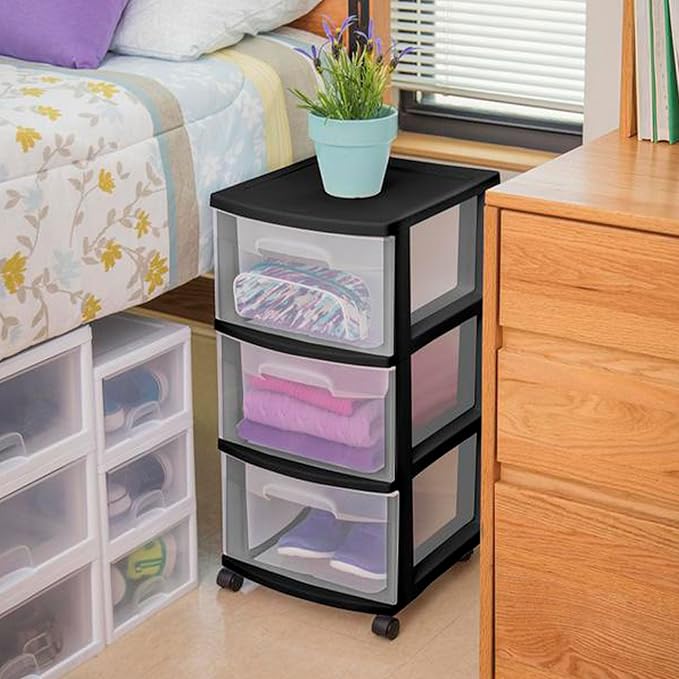Sterilite 6 Pack Plastic Storage Organizer, 3 Drawer Rolling Bin Cart, Closet Organization, Black