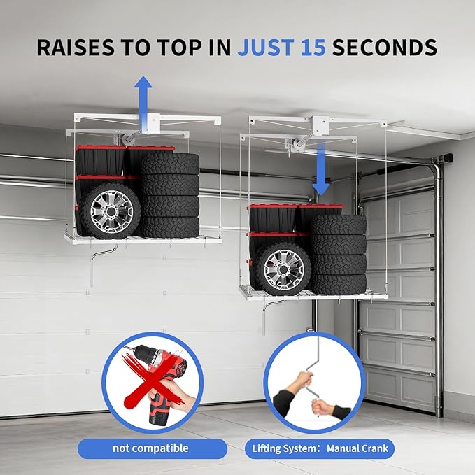 Heavy-Duty Overhead Garage Lifting Storage Rack, 4x4 ft Carbon Steel Ceiling Storage Rack with Manual Crank, Adjustable Organization System, Supports 350Lbs for Garages Workshops
