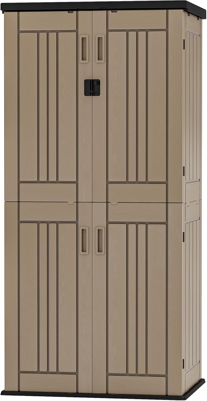 DWVO Outdoor Vertical Storage Shed with 4 Shelves, Waterproof Tall Plastic Storage Shed with 4 Adjustable Shelf, 30 cu. ft. Patio Tools Storage for Patio, Garden, Backyard, Deck, Brown