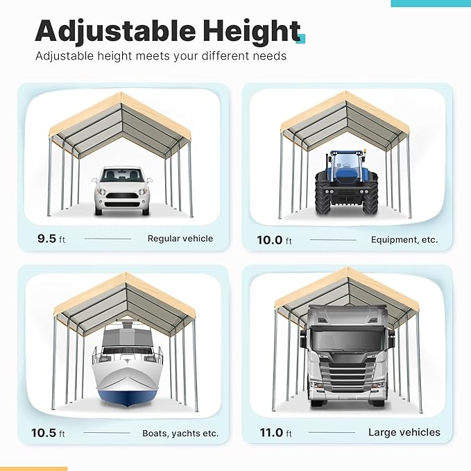 ADVANCE OUTDOOR 10x20 ft Heavy Duty Carport, Adjustable Height Garage Car Canopy Party Tent Boat Shelter, Beige