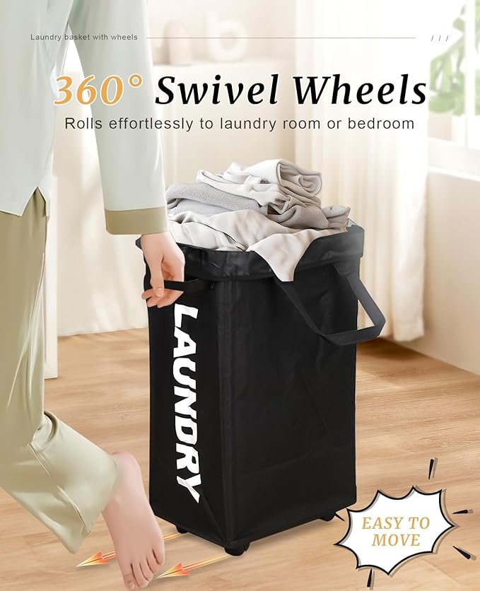 UULANFA Laundry Basket Wheels 75L with Removable Mesh Bag Waterproof Oxford Cloth Suitable for Bedroom Dormitory Clothing Storage Basket (Black*Gray)
