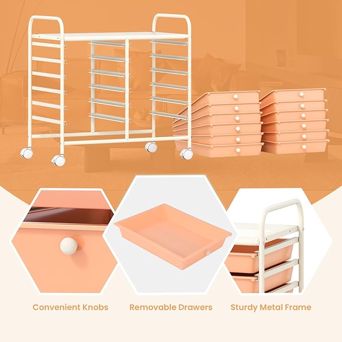 GOFLAME 12-Drawer Rolling Storage Cart, Multifunctional Art Craft Organizer Cart, Mobile Utility Storage Cart with Removable Drawers & Lockable Wheels, Craft Cart for Home Office School, Peach Fuzz
