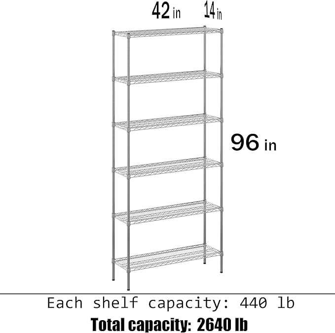 14" Deep x 42" Wide x 96" Height Wire Shelving Kit | 6-Tier | NSF Commercial Storage Rack Unit