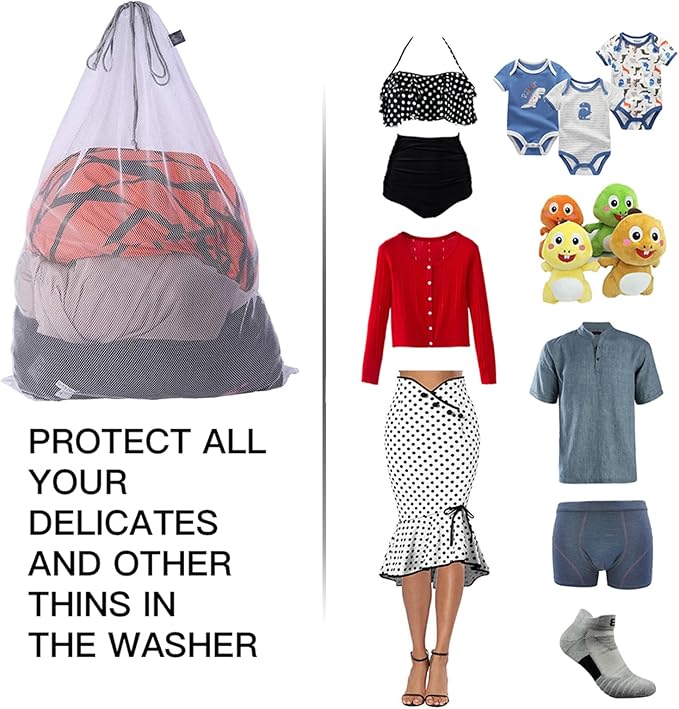 Kimmama XL Large Mesh Laundry, Heavy Duty Big Hole Coarse Mesh Bag with Drawstring Strap,24 x 36" White Travel Storage Bag for Clothes,Camping,Laundromat,Dorm,College,Carrying