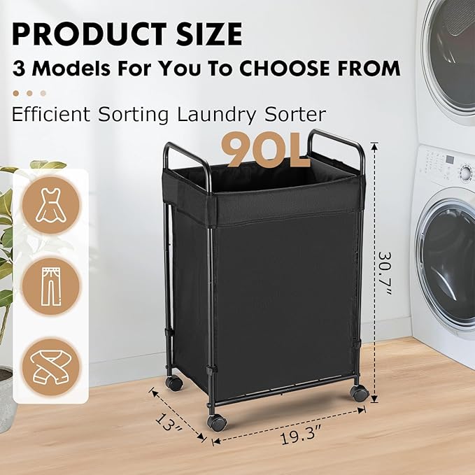 90L Laundry Hamper with Wheels, Rolling Laundry Sorter cart with Metal Frame and Removable Liner, Dirty Clothes Hampers for Bedroom, Laundry Room, Bathroom