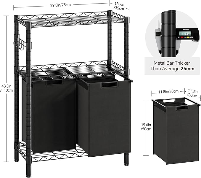 GAOMON Laundry Hamper, Laundry Sorter with 2 Pull-Out & Removable Bag,Laundry Basket Organizer with 2 Tier Adjustable Storage Shelf for Laundry Room,Bathroom,Dorm Organization