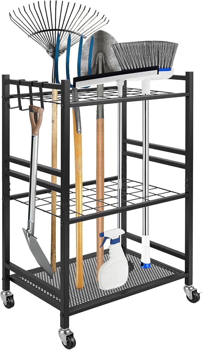 REDCAMP Garden Tool Organizer,Yard Tool Tower Rack for Garage,3 Tier Metal Yard Tools Storage up to 35 Long-Handled Tools/Rakes/Brooms, Heavy Duty Garden Tool Organizer for Garage, Yard, Patio, Shed