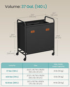 SONGMICS 2-Section Laundry Sorter, Laundry Hamper with Wheels, Rolling Clothes Hamper Cart with Large Capacity and Removable Bags, for Laundry Room, Bedroom, Bathroom, Ink Black URLS210B01