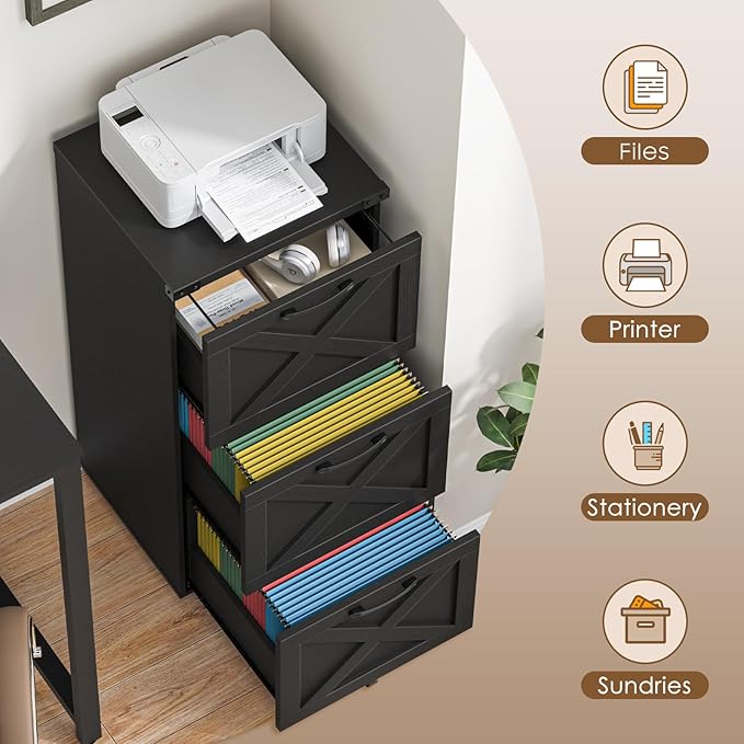 3 Drawer Tall File Cabinet with Wheels, Farmhouse Vertical Filing Cabinet Fits Letter/A4 Size, Rolling File Cabinets Wooden Printer Stand for Home Office, Black