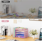 Marbrasse 5-Tier Desk Organizer with File Holder,Paper Letter Tray Organizer,Desktop File Organizer with Adjustable Compartments,Mesh Desk Organizers and Accessories for Office Supplies,Pink