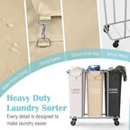 PLKOW Laundry Sorter 3 Section, 220L Large Laundry Cart with Wheels 3 Hamper Laundry Sorter with Steel Frame and Removable Bag, Rolling Laundry Cart for Home, Laundry Room, Hotel, 6 Bushel