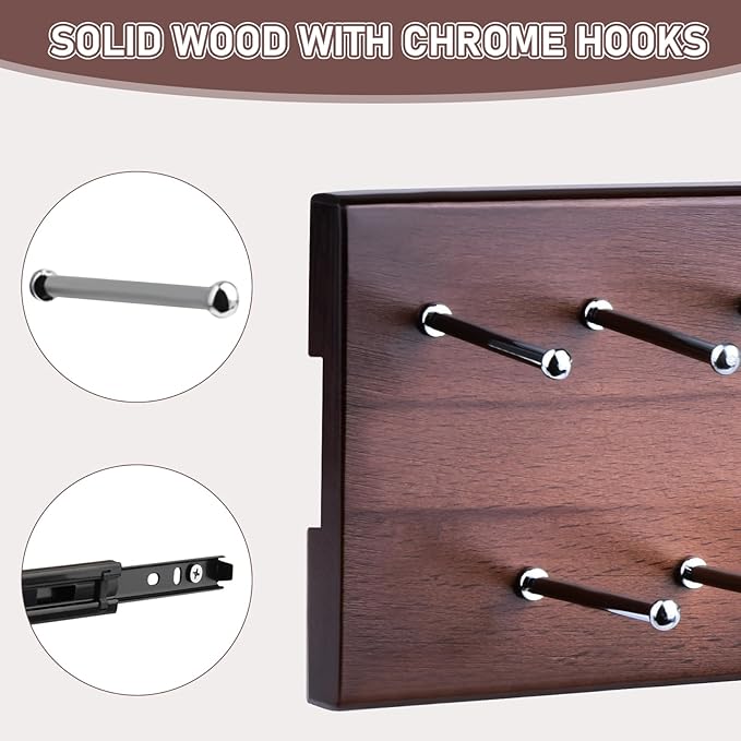 Wood Pull Out Belt Rack for Closet, 21 Tie Hanger Extending Sliding Tie Rack Hanger, Side Mount Sliding Rail Organizer Storage Rack Holder with 21 Hooks for Ties Scarves Belts Shawls, Wooden