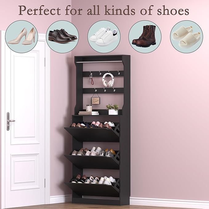 Shoe Cabinet with 3 Flip Drawers & Coat Rack, Narrow Hidden Shoe Storage Cabinet, 2-in-1 Hall Tree Slim Freestanding Shoe Rack Organizer for Entryway, Hallway, and Living Room