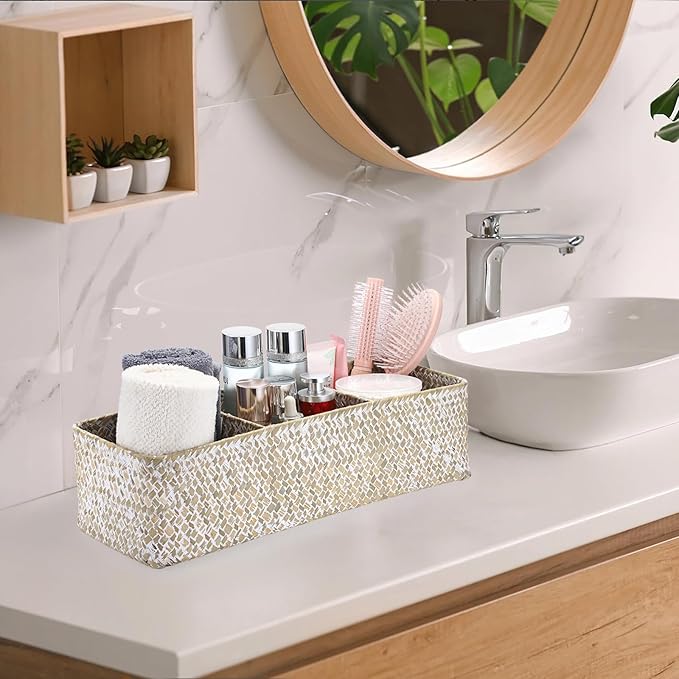 Seagrass Shelf Basket with Dividers, Rectangular Woven Storage Baskets for Organizing, Decorative Wicker Narrow Basket Tray with 3 Sections for Shelves, Toilet Tank, Bathroom Counter