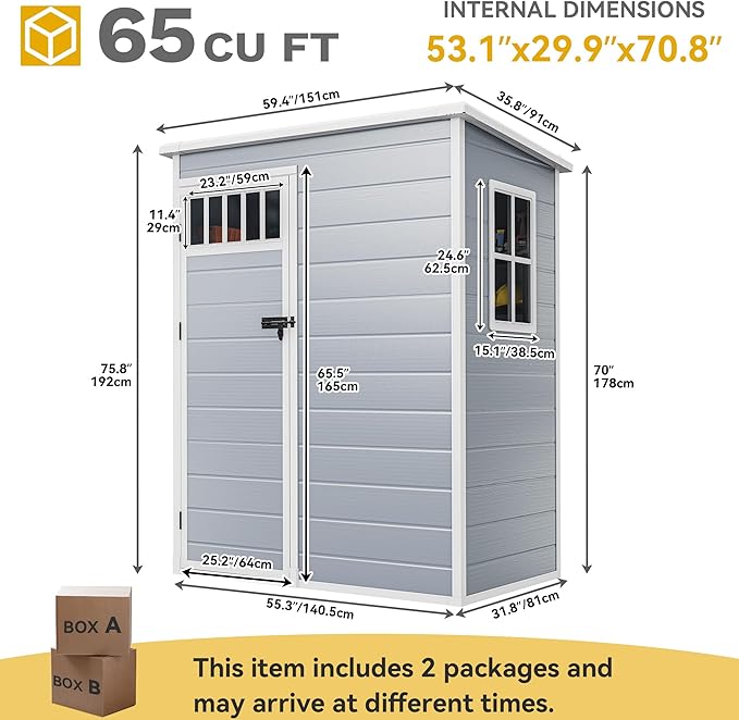 DWVO 5x3FT Outdoor Storage Shed with Fence-Style and Side Windows, Floor & Lockable Doors, Plastic Storage Shed for Backyard and Garden, Gray