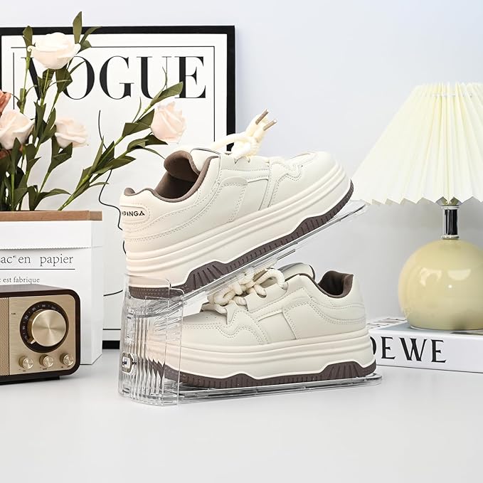 Clear Shoe Slots Organizer for Closet, 20-Pack Adjustable Shoe Stacker & Space-Saving Shoe Storage for a Variety of Spaces, Double Deck Organizer (Transparent Gold)