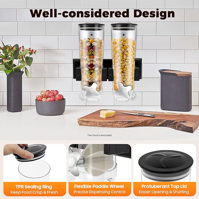 Wall-mounted Food Dispenser, 3L 2 Buckets Coffee Bean Candy Rice Dispenser, Dry Food Dispenser Cereal Dispenser Grain Storage Dispenser for Home, Kitchen, Countertop, Cutlery Rack (Black)