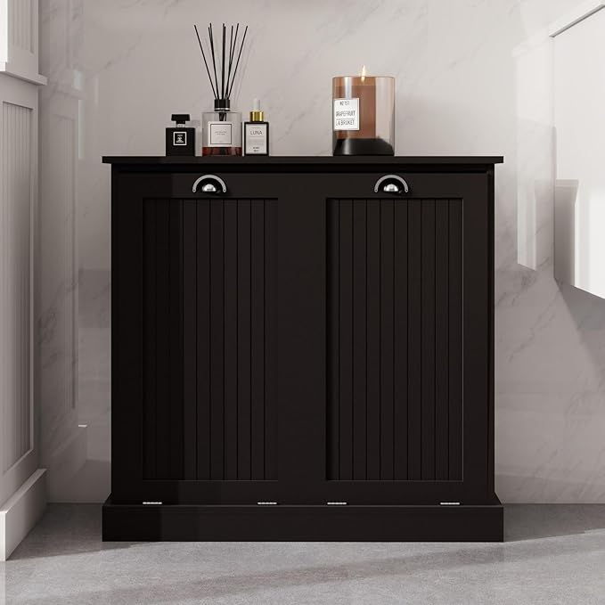 Two-Compartment Tilt-Out Laundry Sorter Cabinet with Removable Bags, E1 MDF Construction, UV Painted Finish, 32.68" L x 31.5" H, 100 Lbs Capacity, Black