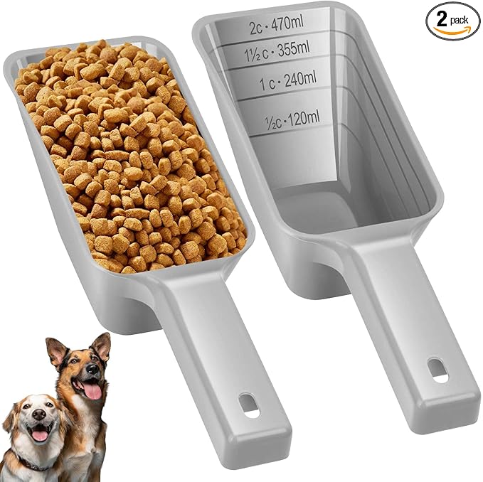 2 Cup Dog Food Scoop(2 Pack), Plastic Pet Food Scoop with Measuring Lines for Accurate Pet Food Portions,Dishwasher Safe (Gray)
