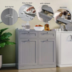 Double Tilt Out Trash Can Cabinet, Dog-Resistant, Fits 13.8"H Bins (Max 11.8"x11.8" Base), Includes Removable Fabric Hamper, Easy Assembly, Grey for Kitchen & Laundry