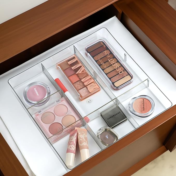Adjustable Clear Drawer Organizer, Plastic Drawer Divider Tray with Removable 9 Sections for Desk,Bathroom,Office,Makeup,Junk