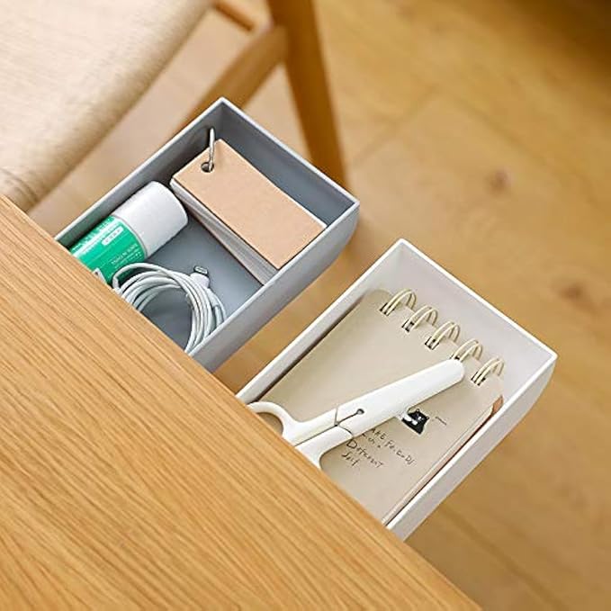 Under Table Drawer, Hidden Self-Adhesive Pencil Tray Drawer,Under Desk Holder Storage Box, Stationery Pencil Storage Drawer Organizer for Office/School/Kitchen (2 Pack White+Grey)