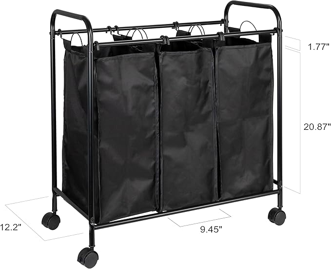 Household Essentials Rolling Triple Laundry Sorter, Black
