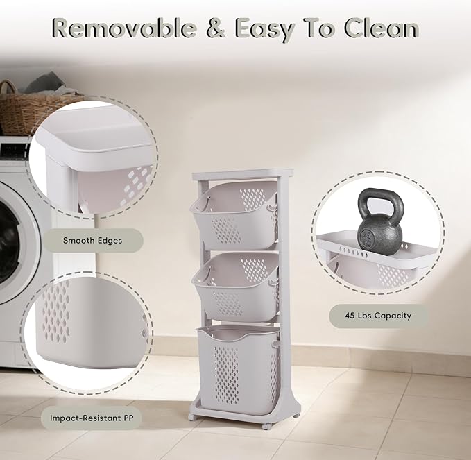 GCCSJ 3-Tier Rolling Laundry Hamper Sorter with Wheels, 75L Capacity & Removable Mesh Baskets, Foldable Storage Organizer Cart for Bedroom, Bathroom, Laundry Room (17.32"x13.1"x42.59")