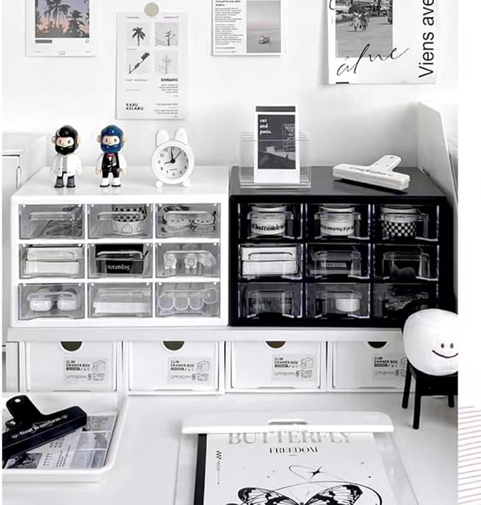 Feadily 1PCS Large Drawer Organizer for Desk, Desktop Drawer Organizer with 9 Clear Drawers, Plastic Desktop Storage Drawers 10.04 Inch x 6.30 Inch x 6.10 Inch, White