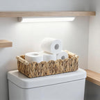 Scalloped Edge Wicker Basket with Wooden Handles, Water Hyacinth Bathroom Counter Organizer for Vanity, Shelves & Coffee Table, Decorative Storage – 14" x 6.3" x 3.9"