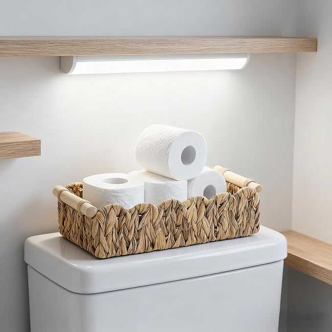 Scalloped Edge Wicker Basket with Wooden Handles, Water Hyacinth Bathroom Counter Organizer for Vanity, Shelves & Coffee Table, Decorative Storage – 14" x 6.3" x 3.9"