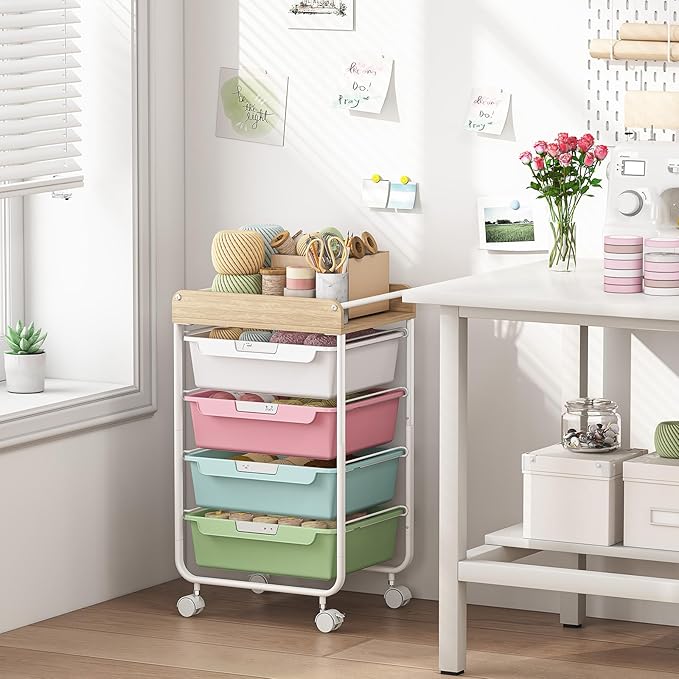 Rolling Craft Storage Cart with 4 Drawers,Utility Cart with Drawers,Art Craft Organizers and Storage,Kids Craft Cart,Kids Art Cart With DIY Lable and Wooden Tabletop Area,Colorful