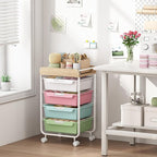 Rolling Craft Storage Cart with 4 Drawers,Utility Cart with Drawers,Art Craft Organizers and Storage,Kids Craft Cart,Kids Art Cart With DIY Lable and Wooden Tabletop Area,Colorful