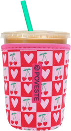 Reusable Neoprene Insulator Sleeve for Iced Coffee & Cold Soda, Coffee Sleeves for Iced & Hot Drinks, Cold Beverage Cooler Compatible with Starbucks, Dunkin (Cherry&Heart, Small: 16-18oz)