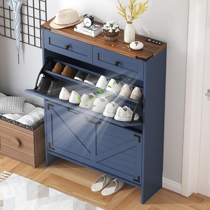 Shoe Cabinet with 2 Flip Drawers and Deodorizing Function, Hidden Shoe Storage Cabinet with 2 Pull-out Drawers, Farmhouse Shoe Organizer for Entryway, Narrow Shoe Rack for Front Door Entrance, Blue