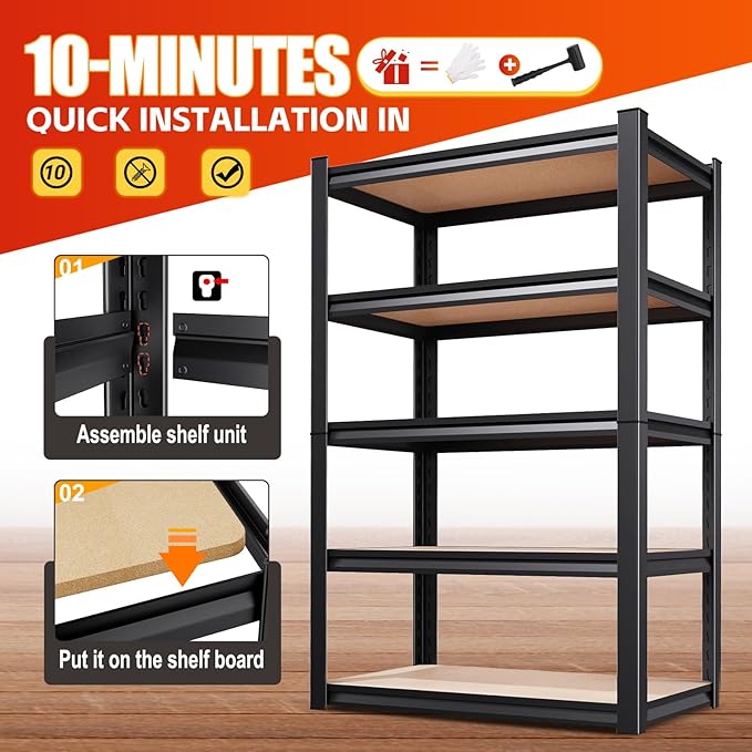 Set of 2 78"H Garage Shelving-2050 lbs 5 Tier Storage Shelves,Adjustable Heavy Duty Metal Shelving Unit and Storage Large Rack,Utility Steel Shelf for Warehouse Industrial Pantry -78"x46"x20",Black