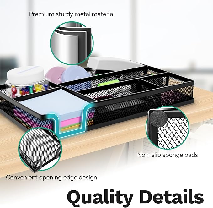 Desk Drawer Organizer Tray Versatile Metal Mesh Desk Organizers and Accessories for Office Supplies, School, Home, 10.34 x 6.1 x 1.38 Inches