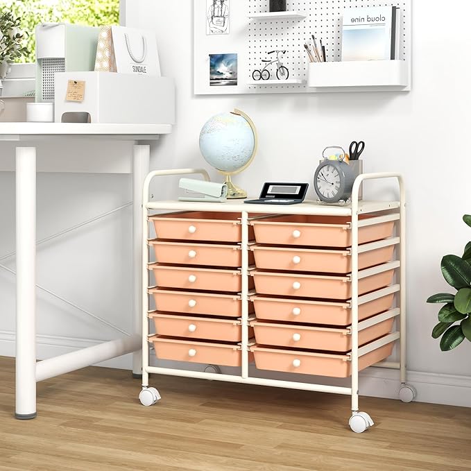 GOFLAME 12-Drawer Rolling Storage Cart, Multifunctional Art Craft Organizer Cart, Mobile Utility Storage Cart with Removable Drawers & Lockable Wheels, Craft Cart for Home Office School, Peach Fuzz