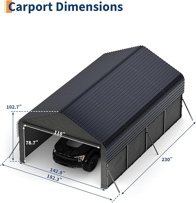 Garvee 12x20x9 ft Metal Carport Enclosed, Car Ports with Heavy Duty 220 g Tarp Gable End Doors and Sidewalls, All-Weather Carport for Full-Size Pickup Trucks, Bass Boats, and Tractors