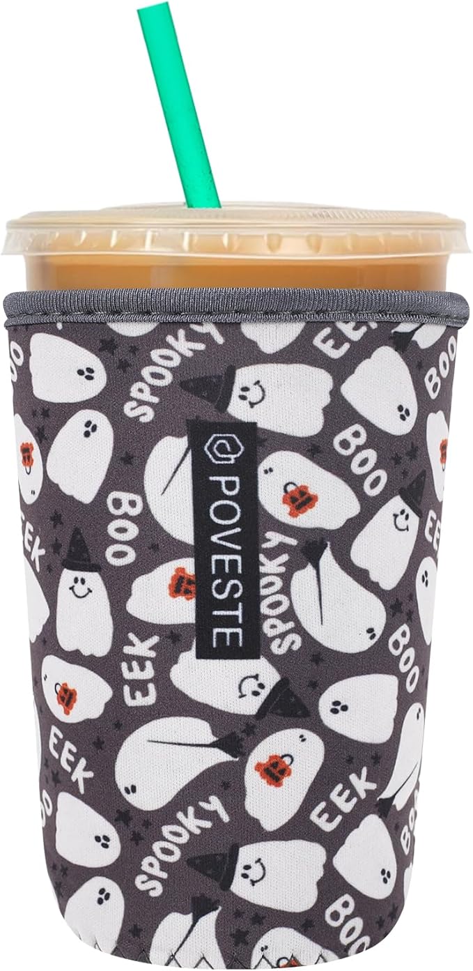 Reusable Neoprene Insulator Sleeve for Iced Coffee & Cold Soda, Coffee Sleeves for Iced & Hot Drinks, Cold Beverage Cooler Compatible with Starbucks, Dunkin (Halloween Boo, Medium: 22-24oz)