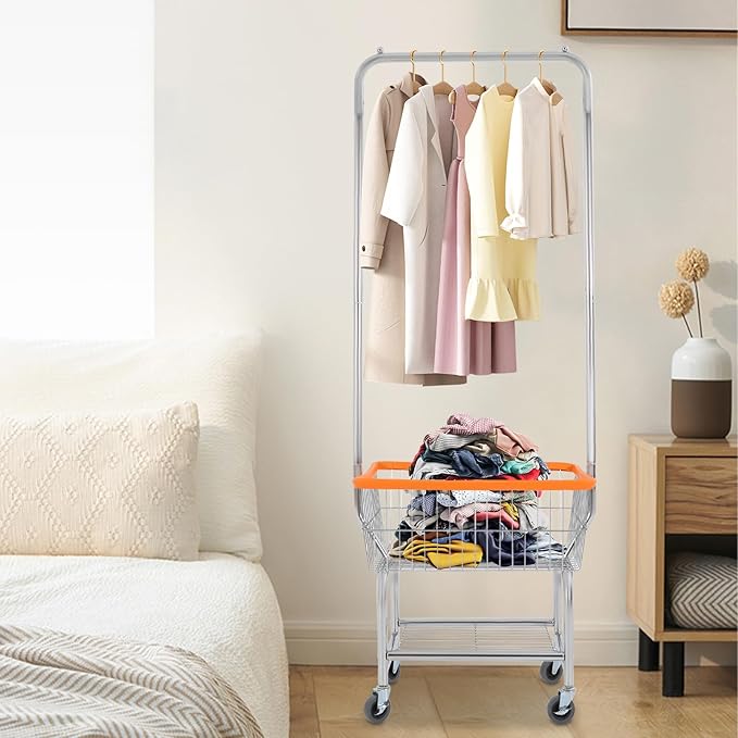 70"H Laundry Cart, Rolling Laundry Basket with Hanging Rack & Wheels, Metal Steel Wire Clothes Hamper with Storage Shelf for Homes, Hotels, Bathrooms & Commercial Laundry, 110lbs Capacity (C)