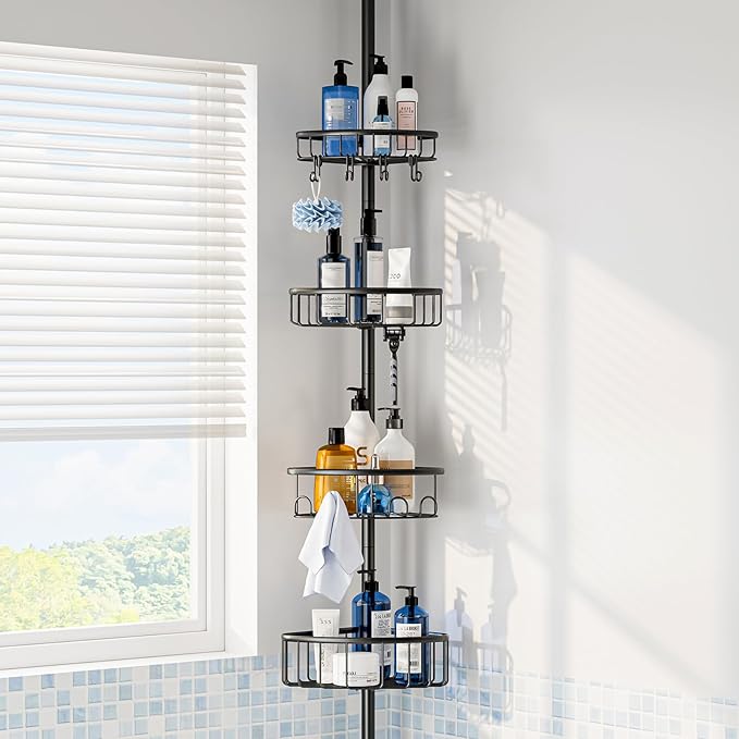 Corner Shower Caddy Tension Pole: Stainless Steel Rustproof 4-Tier Shower Organizer - 47-121 inch Adjustable Bathroom Shelves for Bathtub Shampoo Storage - Tension Rod Floor Standing Bath Rack - Black