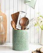 Kitchen Utensil Holder, 6x7 inch Large Ceramic Utensil Holder with Embossed Pattern, Cooking Utensil Crocks for Kitchen Countertop, Home Decor, Forest Green
