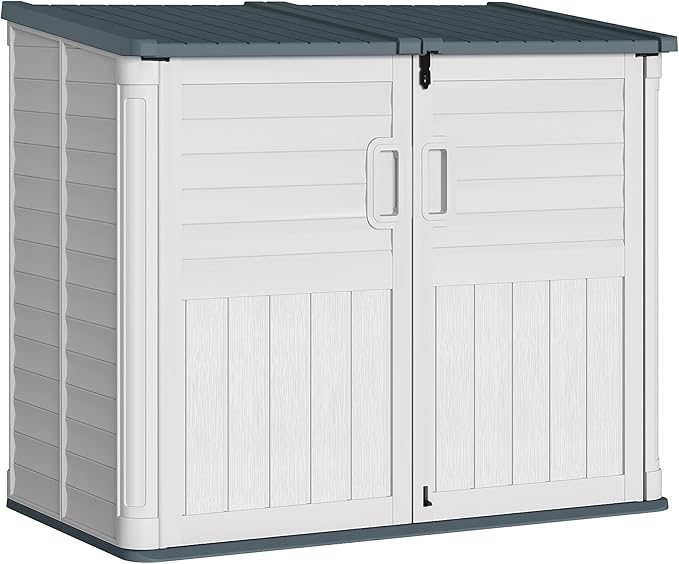 Greesum Outdoor Trash Can Storage Shed, 34 Cu.ft Horizontal Outdoor Storage Cabinet, Waterproof for Garden, Pool Storage, Garbage Cans, Beige