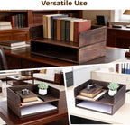 2 Pcs Stackable Desk Tray, Wood Document Organizer, Retro Brown Desktop Accessories with Open Front Design, Wooden Folder Organization Rack Desk Tray for Office, Home, 12.4 x 9.4 x 3.5 in
