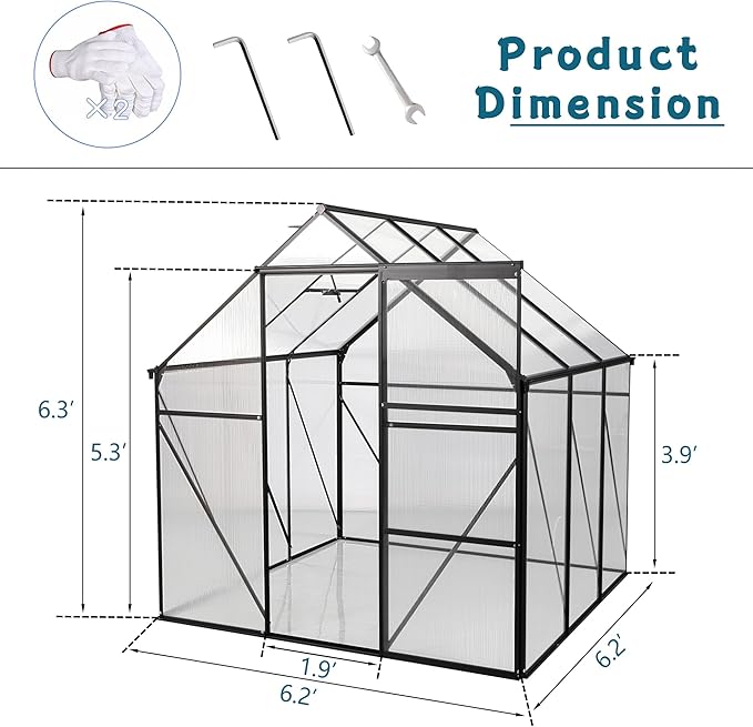 6X8FT Greenhouse for Outdoor, Polycarbonate Greenhouse with Raised Base and Anchor, Heavy-Duty Walk-in Green House with Adjustable Roof Vent and Gutter System for Patio,Backyard (Black, 6X8 FT)