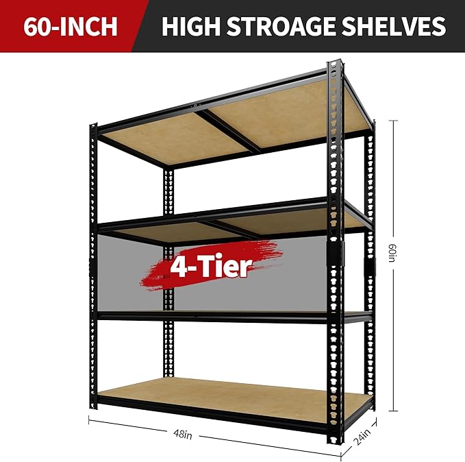 Heavy Duty Garage Storage Shelves, 2400 Lbs Capacity, 4-Tier Adjustable Storage Shelving Unit, 48" L x 24" W x 60" H Metal Shelving Racks for Kitchen Pantry Basement Bathroom Laundry